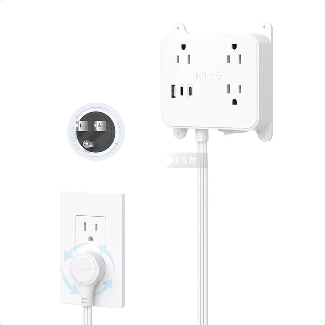 Main image of 360 Rotating Plug Power Strip, 1.5FT Short Extension Cord with USB 3 AC Electrical Outlet Extender, 2 USB-C and 1 USB-A Ports, Wall Plug Adapter, Use Behind TV, Couches, Nightstands, Cabinet
