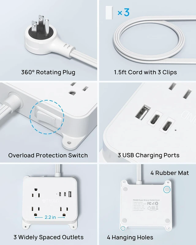 Alt view image 6 of 7 - 360 Rotating Plug Power Strip, 1.5FT Short Extension Cord with USB 3 AC Electrical Outlet Extender, 2 USB-C and 1 USB-A Ports, Wall Plug Adapter, Use Behind TV, Couches, Nightstands, Cabinet