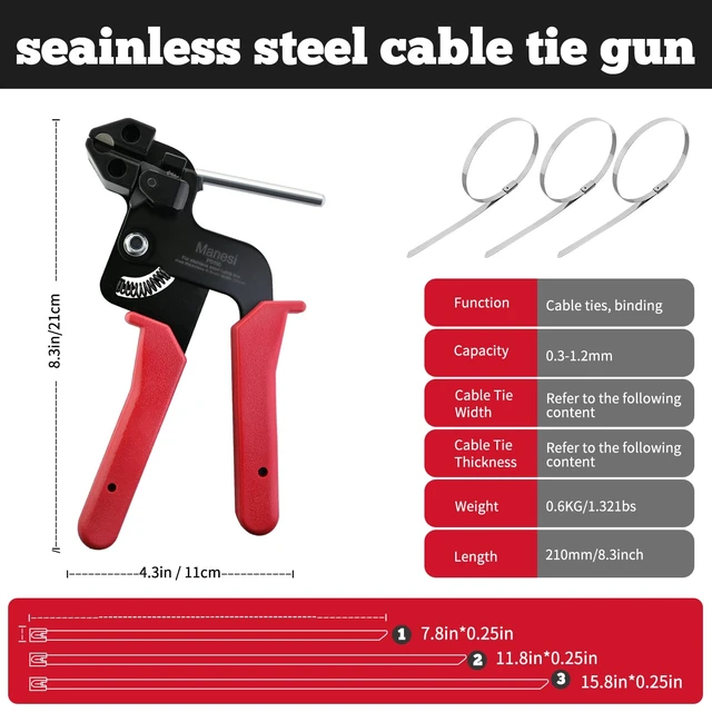 Alt view image 2 of 7 - 157-Piece Cable Tie Gun Kit, (3 Sizes) 304 Stainless Steel Zip Ties Includes 150 Metal Zip Ties and Release Tool; Gun Tightens and Cuts for Fence, Exhaust Pipe, Chicken Coop, Farm and Cables