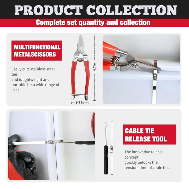 Alt view image 4 of 7 - 157-Piece Cable Tie Gun Kit, (3 Sizes) 304 Stainless Steel Zip Ties Includes 150 Metal Zip Ties and Release Tool; Gun Tightens and Cuts for Fence, Exhaust Pipe, Chicken Coop, Farm and Cables