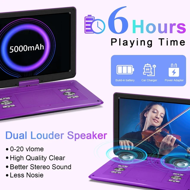 Alt view image 2 of 7 - 17.5" Portable DVD Player 15.6" Large HD Screen, with Car Charger 6-Hour Battery, USB/SD Card, Sync TV, Multiple Disc Formats, Region-Free, High Volume Speaker, Purple