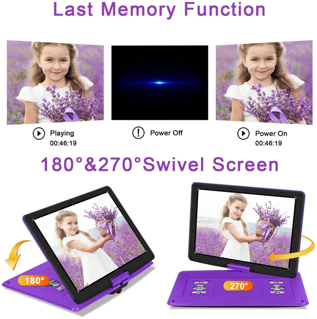Alt view image 4 of 7 - 17.5" Portable DVD Player 15.6" Large HD Screen, with Car Charger 6-Hour Battery, USB/SD Card, Sync TV, Multiple Disc Formats, Region-Free, High Volume Speaker, Purple
