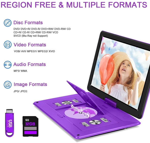 Alt view image 6 of 7 - 17.5" Portable DVD Player 15.6" Large HD Screen, with Car Charger 6-Hour Battery, USB/SD Card, Sync TV, Multiple Disc Formats, Region-Free, High Volume Speaker, Purple