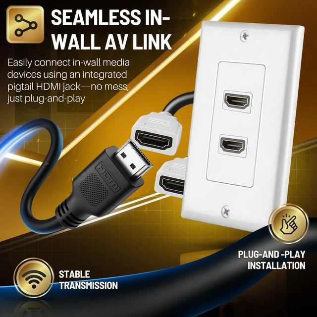 Alt view image 5 of 7 - HDMI Wall Plate - 2 Pack, 2 Port HDMI Socket Plug Jack Outlet Decorative Face Cover Mount Panel with 4K UHD ARC Ethernet Pass-Thru Support Flexible High Speed Extension Pigtail Coupler Cable