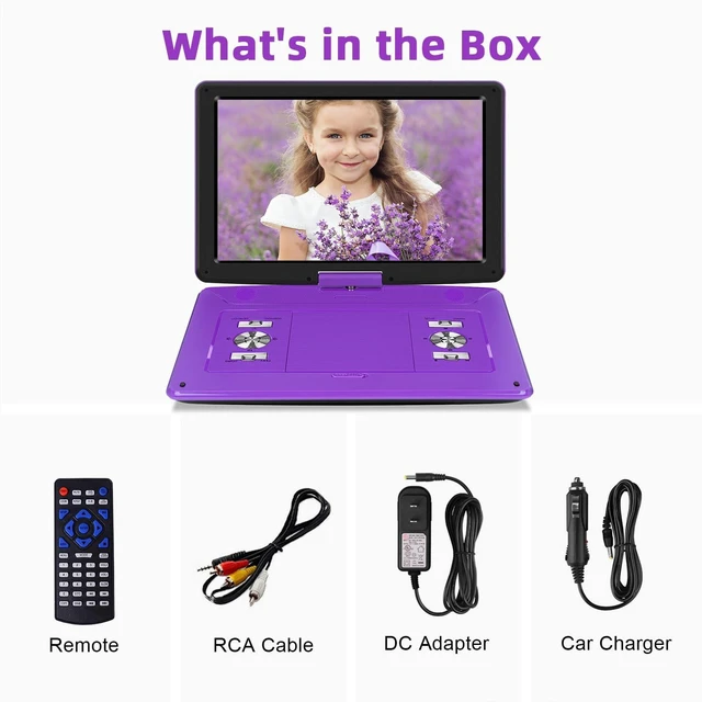 Alt view image 7 of 7 - 17.5" Portable DVD Player 15.6" Large HD Screen, with Car Charger 6-Hour Battery, USB/SD Card, Sync TV, Multiple Disc Formats, Region-Free, High Volume Speaker, Purple