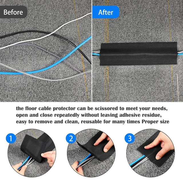 Alt view image 4 of 7 - Carpet Cord Cover Floor Cable Protector, 4 Inch X 15 Feet, Black Hook Loop Adhesive Design, Carpet Wire Cover, Floor Cable Management, Prevents Tripping, for Office Carpet Organized Protect