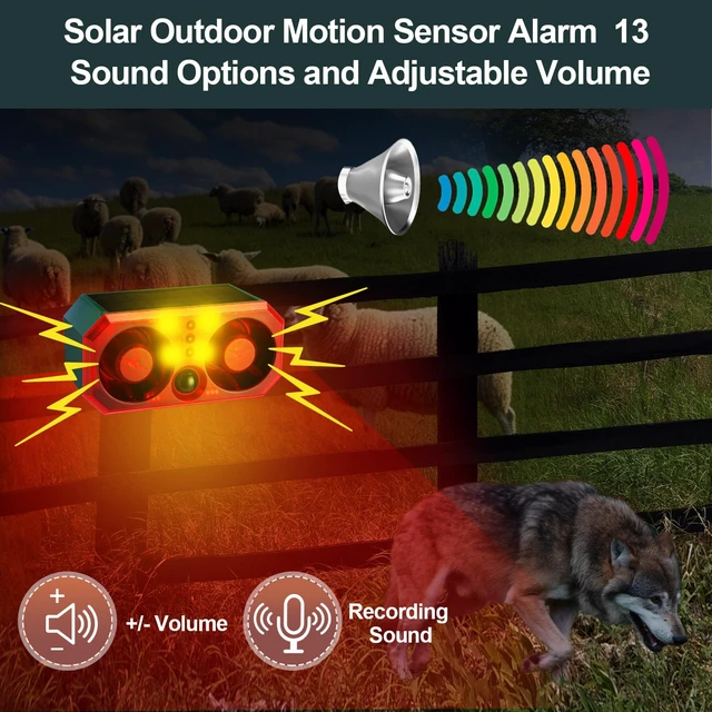 Alt view image 3 of 7 - 4 Pcs Solar Outdoor Motion Sensor Alarm Motion Sensor Animal Deterrent Dog Barking Alarm 13 Sound 130dB Loud Noise Maker 4 Mode with USB Remote Control Support Recording Volume Adjustment