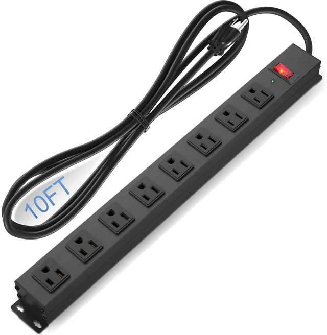 Main image of 8 Outlet Power Strip Surge Protector, 10 Feet Long Cord Metal Power Strip Heavy Duty for Home Office School Shop Garage, Wall Mount with Screw, 2100J 15A 125V 1875W, 14AWG, Black