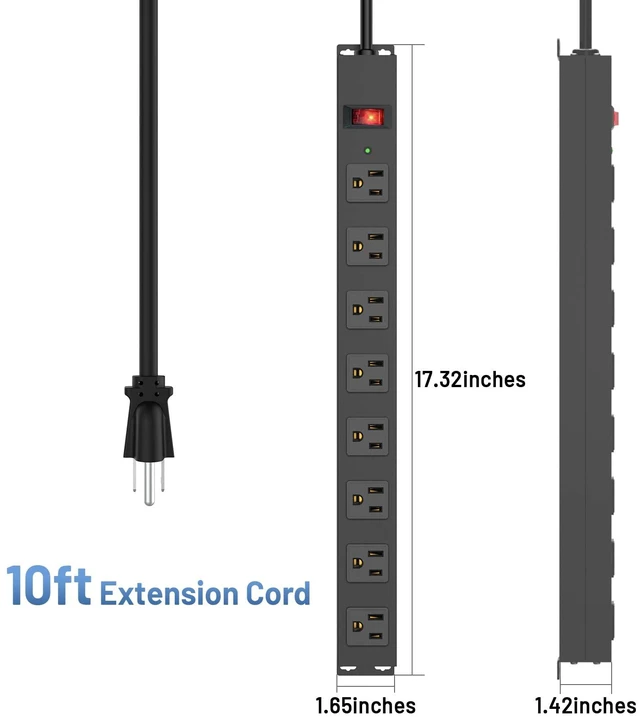 Alt view image 5 of 7 - 8 Outlet Power Strip Surge Protector, 10 Feet Long Cord Metal Power Strip Heavy Duty for Home Office School Shop Garage, Wall Mount with Screw, 2100J 15A 125V 1875W, 14AWG, Black