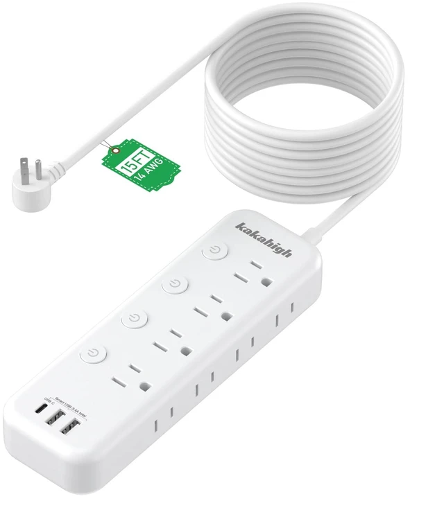 Main image of 15FT Heavy Duty Extension Cord with Individual Switches on Off 1875W Appliance Extension Cord with USB Ports, 8 outlets, High Wattage for Microwave, Aquarium, Kitchen, Garage Must Have