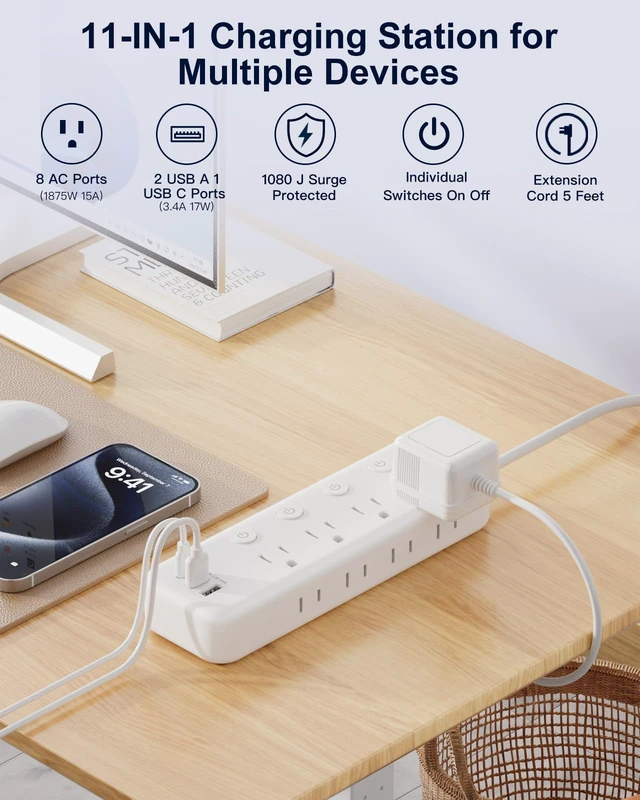 Alt view image 2 of 7 - 15FT Heavy Duty Extension Cord with Individual Switches on Off 1875W Appliance Extension Cord with USB Ports, 8 outlets, High Wattage for Microwave, Aquarium, Kitchen, Garage Must Have
