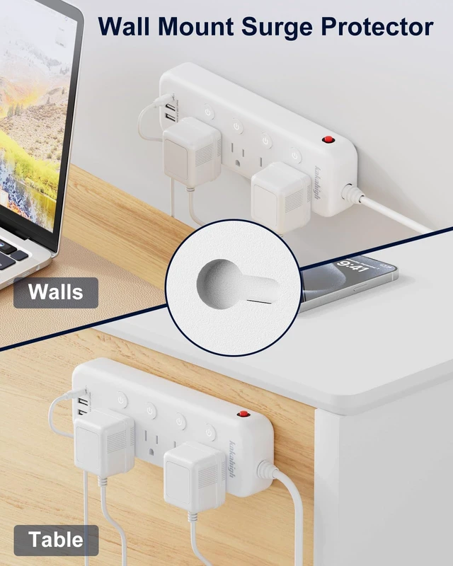 Alt view image 4 of 7 - 15FT Heavy Duty Extension Cord with Individual Switches on Off 1875W Appliance Extension Cord with USB Ports, 8 outlets, High Wattage for Microwave, Aquarium, Kitchen, Garage Must Have