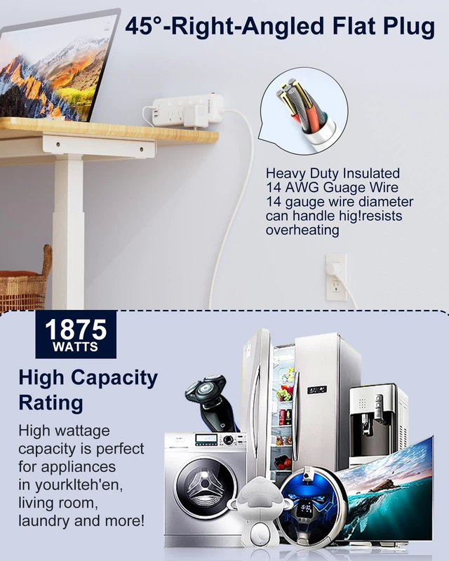Alt view image 5 of 7 - 15FT Heavy Duty Extension Cord with Individual Switches on Off 1875W Appliance Extension Cord with USB Ports, 8 outlets, High Wattage for Microwave, Aquarium, Kitchen, Garage Must Have