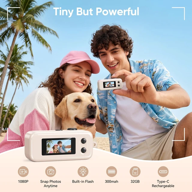 Alt view image 2 of 7 - Mini Keychain Camera, 1080P Mini Digital Camera with 32GB Card 2MP 0.96 Inch Tiny Camera, 16X Digital Zoom, 1080P HD Video, Rechargeable Battery, Micro Camera for Travel, Cream White