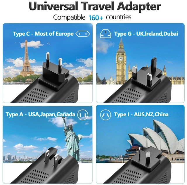 Alt view image 5 of 6 - 2000W 220V to 110V Voltage Converter US to Europe for Hair Dryer(Black) 6 In 1 Power Converter Adapter Combo with 1 USB A & 3 USB C Fast Charging, Universal Travel Adapter for US/EU/UK/AUS