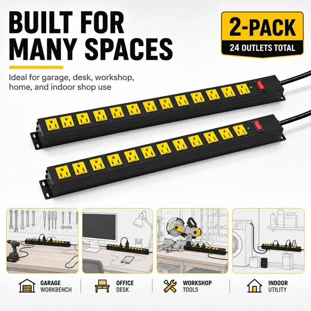 Alt view image 3 of 7 - Metal Heavy Duty Power Strip Surge Protector, 12 Outlet 2100J, 6ft Extension Cord, Wide Spaced Outlets, Wall Mount for Garage Desk Industrial Shop Indoor Use (2 Pack 6ft)