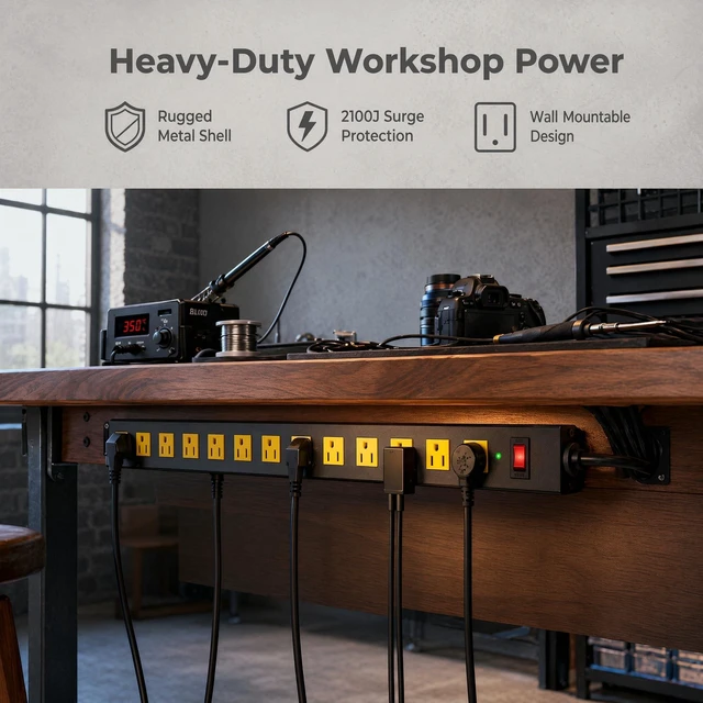 Alt view image 2 of 7 - Metal Heavy Duty Power Strip Surge Protector, 12 Outlet 2100J, 6ft Extension Cord, Wide Spaced Outlets, Wall Mount for Garage Desk Industrial Shop Indoor Use (2 Pack 6ft)
