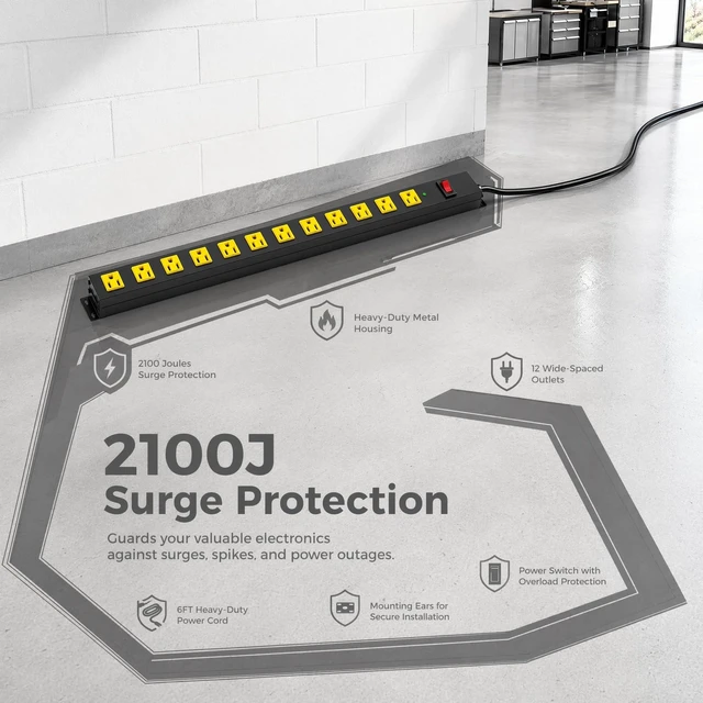 Alt view image 5 of 7 - Metal Heavy Duty Power Strip Surge Protector, 12 Outlet 2100J, 6ft Extension Cord, Wide Spaced Outlets, Wall Mount for Garage Desk Industrial Shop Indoor Use (2 Pack 6ft)