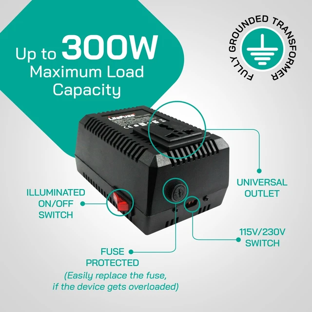 Alt view image 7 of 7 - 300 Watt Step Up/Step Down Travel Voltage Converter, 220/110v to 110/220v converter with Type E/F Plug - Compatible with Hair Straightener, Camera, Laptop & More