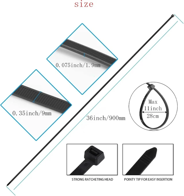 Alt view image 2 of 7 - 36 Inch Heavy Duty Black Cable Ties 50 Pack, 175 lbs Nylon,10 Bonus 8 Inch Green Zip Ties,UV Resistant Cable Ties