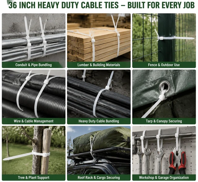Alt view image 5 of 7 - 36 Inch Heavy Duty Black Cable Ties 50 Pack, 175 lbs Nylon,10 Bonus 8 Inch Green Zip Ties,UV Resistant Cable Ties