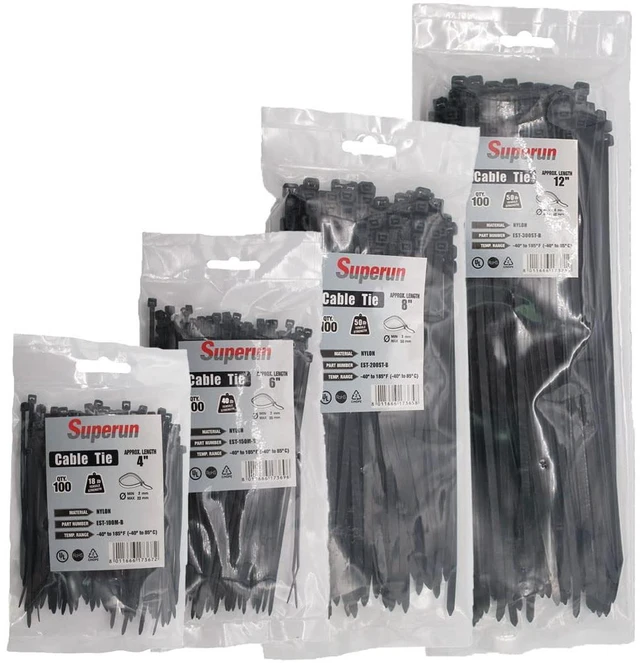 Main image of UV resistant Black Zip Ties Assorted Sizes 4+6+8+12 Inch 400 Pack Self-locking,Assorted Cable Ties 4 inch 6 inch 8 inch 12 inch each 100 Mix Pack,Heavy dutyFor indoor and outdoorbag Pack