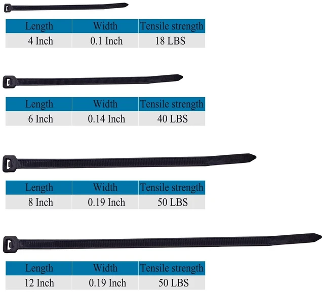 Alt view image 2 of 7 - UV resistant Black Zip Ties Assorted Sizes 4+6+8+12 Inch 400 Pack Self-locking,Assorted Cable Ties 4 inch 6 inch 8 inch 12 inch each 100 Mix Pack,Heavy dutyFor indoor and outdoorbag Pack
