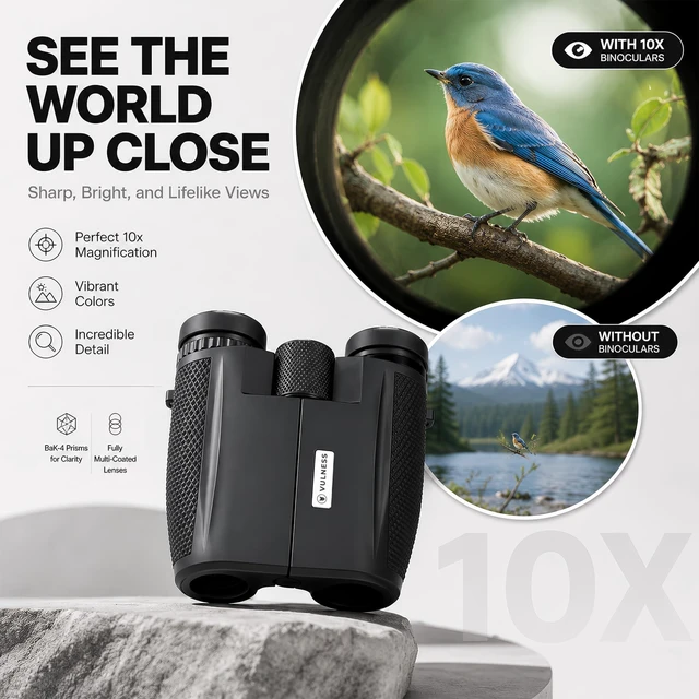 Alt view image 2 of 7 - 10x25 Binoculars for Adults, Compact for Bird Watching & Cruises Folding pocket optics with BAK4 prism and FMC lenses; useful for Alaska trips, Norwegian cruises, hiking, camping & events