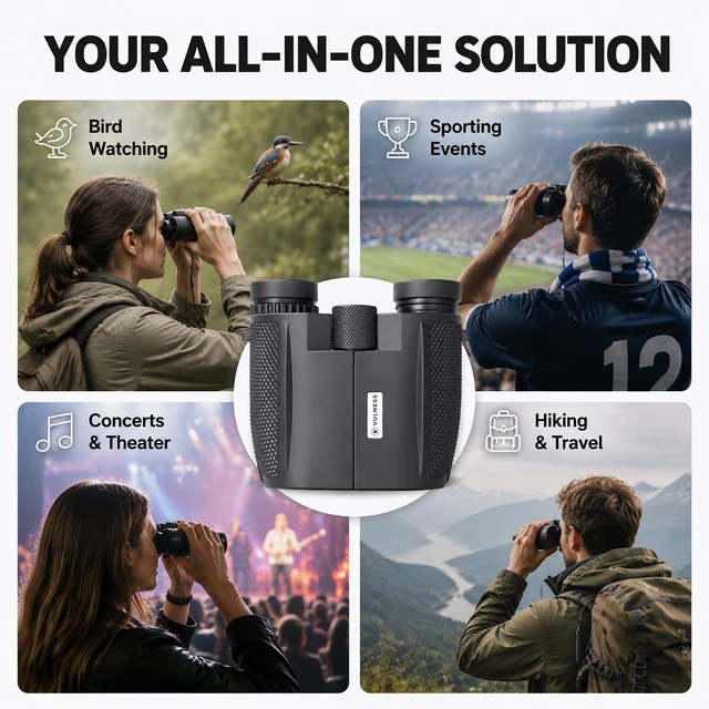 Alt view image 4 of 7 - 10x25 Binoculars for Adults, Compact for Bird Watching & Cruises Folding pocket optics with BAK4 prism and FMC lenses; useful for Alaska trips, Norwegian cruises, hiking, camping & events