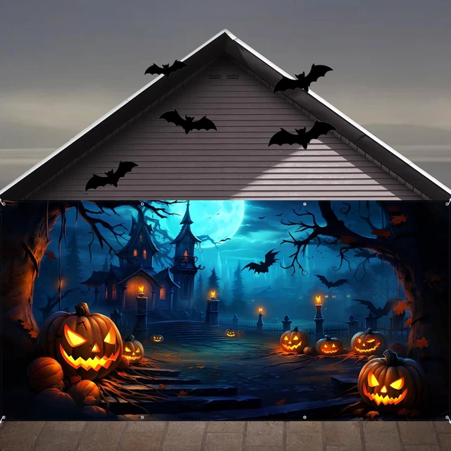 Main image of Halloween Decorations Garage Door Cover, Large Hanging Backdrop Door Cover Halloween Garage Wall Decorations for Outdoor Home Yard Garage Door Decorations Party Photo Backgrounds (6X13Ft)