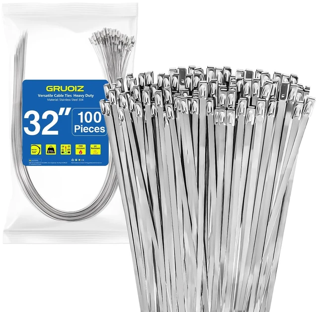 Main image of 32 inch Stainless Steel Cable Zip Ties 100 Pack 304 Metal Cable Ties with 270lbs Tensile Strength Heavy Duty Zip Ties for Farms Pipes Roofs Workshop Outdoor Fence Use