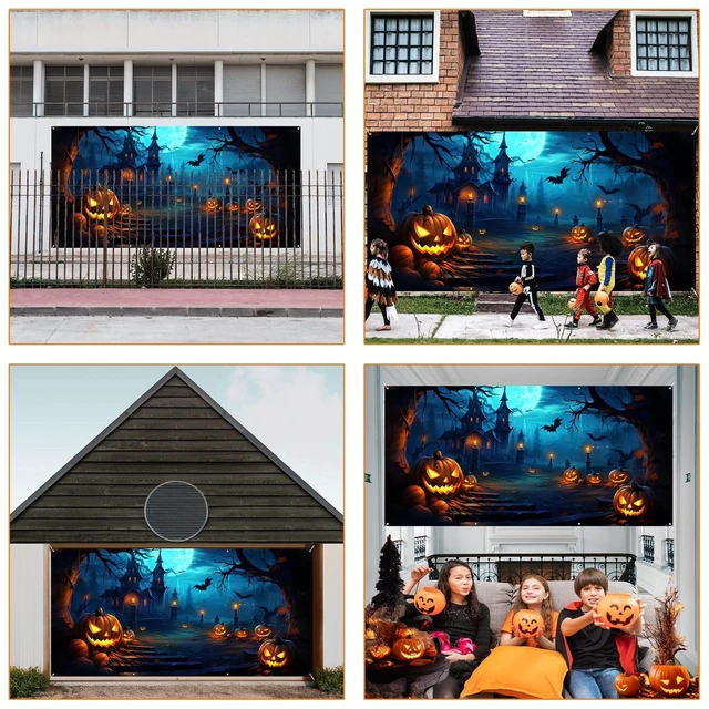 Alt view image 6 of 6 - Halloween Decorations Garage Door Cover, Large Hanging Backdrop Door Cover Halloween Garage Wall Decorations for Outdoor Home Yard Garage Door Decorations Party Photo Backgrounds (6X13Ft)