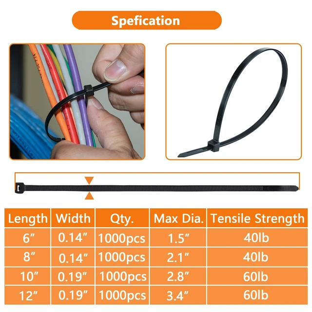 Alt view image 2 of 7 - Zip Ties, Self-locking, Heavy Duty 60lb, Black, 10 Inch, 1000Pcs 10 Cable Ties Black, Plastic Tie Wraps 250mm, 0.19in Wide Wire Ties Heavy Duty, Nylon Zipties for Outdoor Use, Big Ziptie