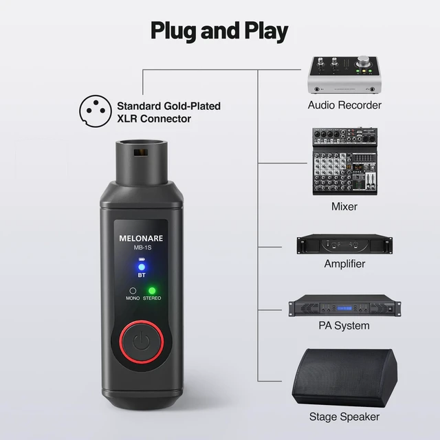Alt view image 6 of 7 - Wireless XLR Bluetooth Receiver 15H BT 5.3 MB-1S High-fidelity audio, 150 ft range, 1-pack mono Bluetooth adapter for speakers, PA systems, mixers and DJ equipment