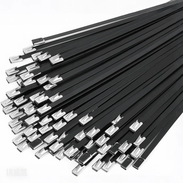Main image of 11.8 Inch Black Metal Zip Ties, 100PCS Epoxy Coated 304 Stainless Steel Cable Ties - Heavy Duty Outdoor Use for Fencing, Exhaust Wrap, Machinery, and More