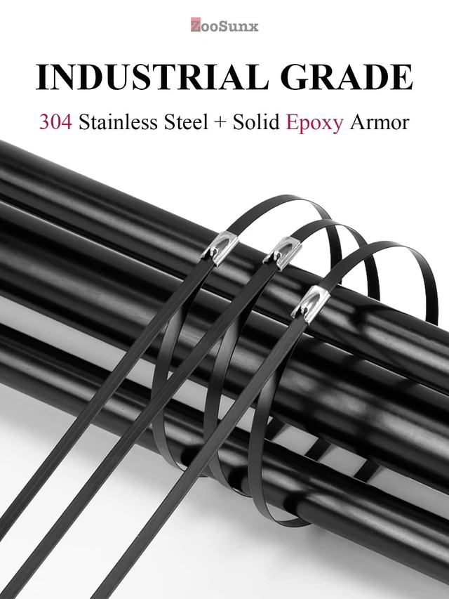 Alt view image 2 of 7 - 11.8 Inch Black Metal Zip Ties, 100PCS Epoxy Coated 304 Stainless Steel Cable Ties - Heavy Duty Outdoor Use for Fencing, Exhaust Wrap, Machinery, and More