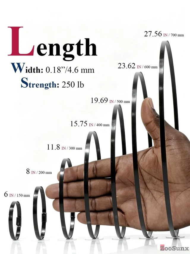 Alt view image 4 of 7 - 11.8 Inch Black Metal Zip Ties, 100PCS Epoxy Coated 304 Stainless Steel Cable Ties - Heavy Duty Outdoor Use for Fencing, Exhaust Wrap, Machinery, and More