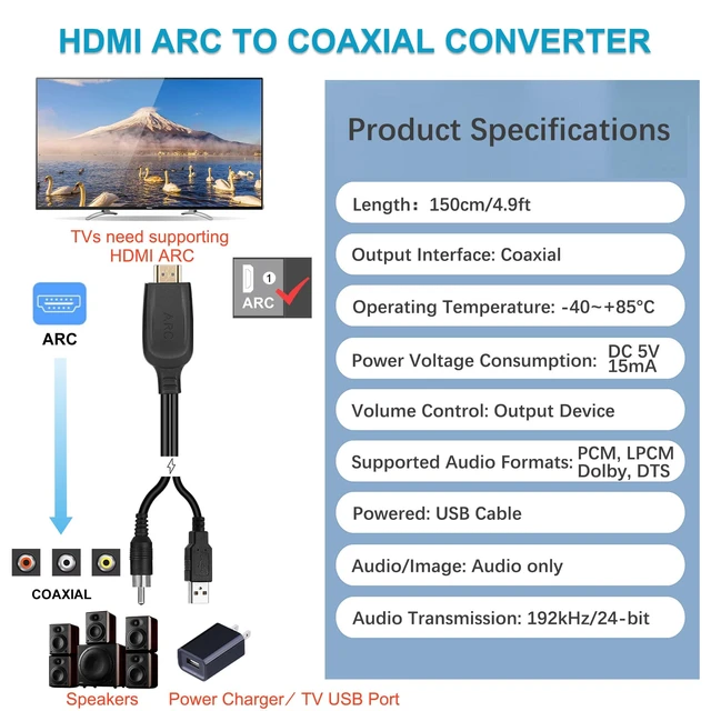 Alt view image 2 of 7 - 192KHz HDMI eARC/ARC to Coaxial Audio Extractor for TV to Soundbar 4.9ft/1.5m Cable Long-ARC to Coaxial Audio Converter-Support PCM Dolby/DTS 5.1- Plug & Play-For Speaker Home Theater