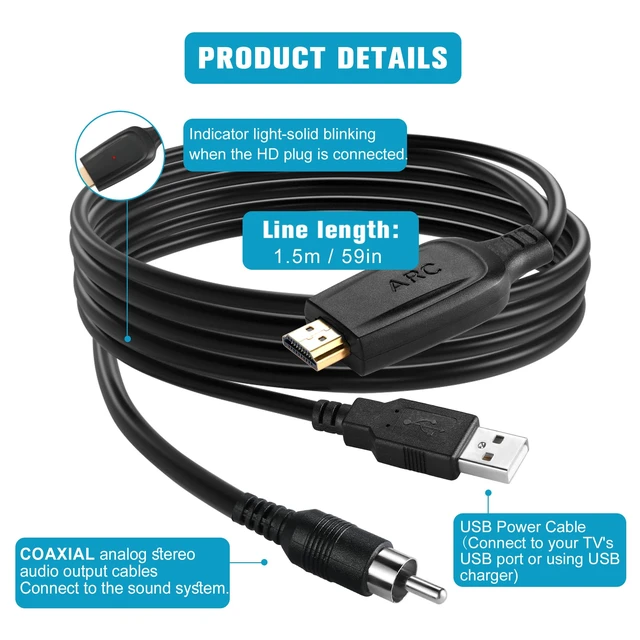 Alt view image 7 of 7 - 192KHz HDMI eARC/ARC to Coaxial Audio Extractor for TV to Soundbar 4.9ft/1.5m Cable Long-ARC to Coaxial Audio Converter-Support PCM Dolby/DTS 5.1- Plug & Play-For Speaker Home Theater