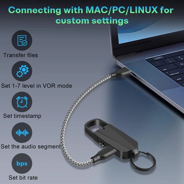 Alt view image 4 of 7 - 128GB Voice Recorder - Voice Activated Keychain 1520H USB-C & Playback, Noise Reduction, 28H Battery, One-Click, 1-year after-sales service