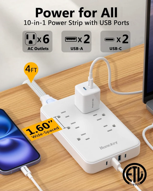 Alt view image 3 of 6 - Innovative Power Strip, Cord Removable Design (4FT), 6 Outlets Surge Protector with 4 USB Ports (2 USB-C, 2 USB-A), ETL Listed