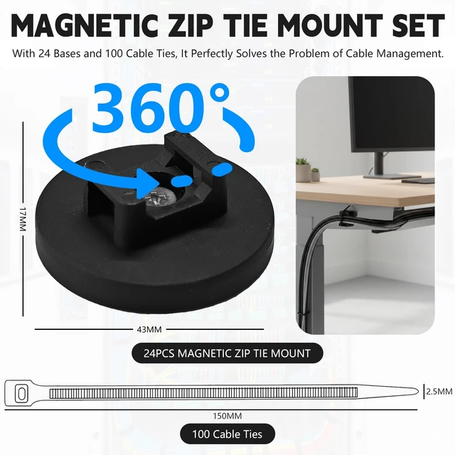 Alt view image 2 of 7 - 24pcs 43mm Magnetic Zip Tie Mount, Multi-Functional Cable Holder, Suitable for Industrial Cable Management and Home Cable Organizing. 24 Mounts and 100 Nylon Cable Ties
