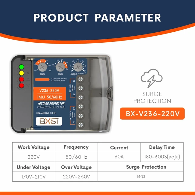 Alt view image 2 of 7 - 220V Surge Protector 30A, Wiring Voltage Protector 6600W Heavy Duty Power Protector for Refrigerators, Air Conditioners & Other Major Appliances, Adjustable Over/Under Voltage & Restart Delay