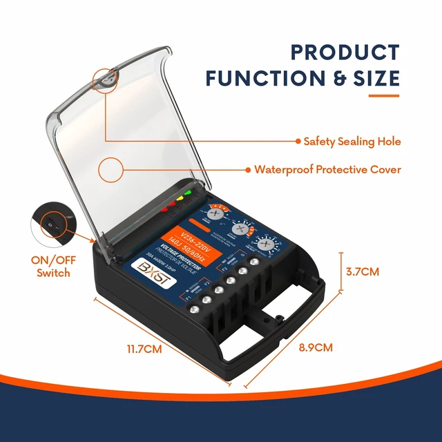 Alt view image 3 of 7 - 220V Surge Protector 30A, Wiring Voltage Protector 6600W Heavy Duty Power Protector for Refrigerators, Air Conditioners & Other Major Appliances, Adjustable Over/Under Voltage & Restart Delay