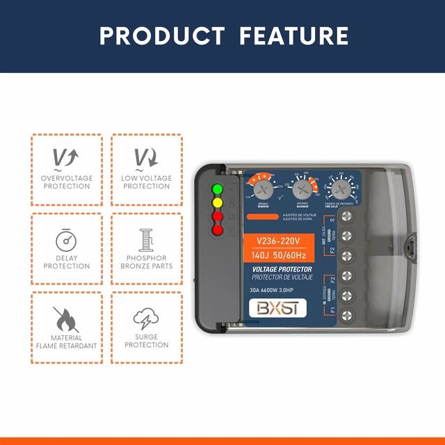 Alt view image 7 of 7 - 220V Surge Protector 30A, Wiring Voltage Protector 6600W Heavy Duty Power Protector for Refrigerators, Air Conditioners & Other Major Appliances, Adjustable Over/Under Voltage & Restart Delay