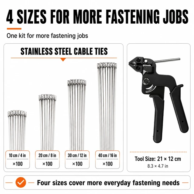 Alt view image 2 of 7 - 400Pcs Stainless Steel Cable Ties with Cable Tie Gun Heavy Duty Zip Tie Kit