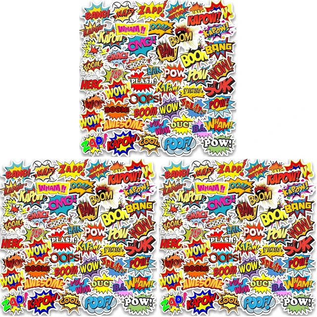 Main image of 50PCS Superhero Party Stickers for Teens Surprise Stickers Superhero Sign Cutout Sticker for Gift Boom Wow Bang Pow OMG Sticker for Water Bottles Loptop Journaling (Pack of 3)