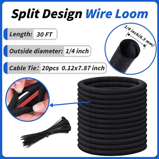 Alt view image 2 of 7 - 30ft - 1/4in Split Braided Sleeve Cable Management, Self-Wrapping Flexible loom tubing protects wires from abrasion and heat. Great for automotive, TV, computer, and home electrical use