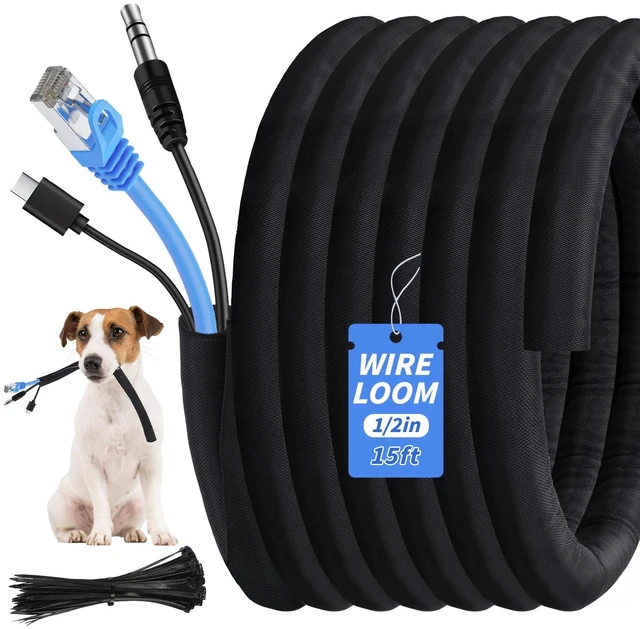Main image of 15ft - 1/2in Split Braided Sleeve Cable Management, Self-Wrapping Flexible loom tubing protects wires from abrasion and heat. Great for automotive, TV, computer, and home electrical use
