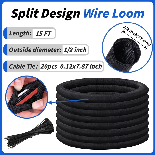 Alt view image 2 of 7 - 15ft - 1/2in Split Braided Sleeve Cable Management, Self-Wrapping Flexible loom tubing protects wires from abrasion and heat. Great for automotive, TV, computer, and home electrical use